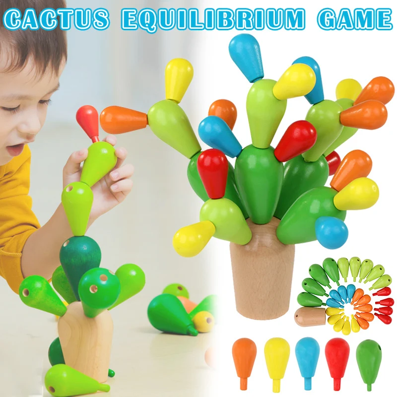 Brinquedo de Madeira Blocos de Construção Cactus Equilíbrio Jogo Balanceamento Destacável M09