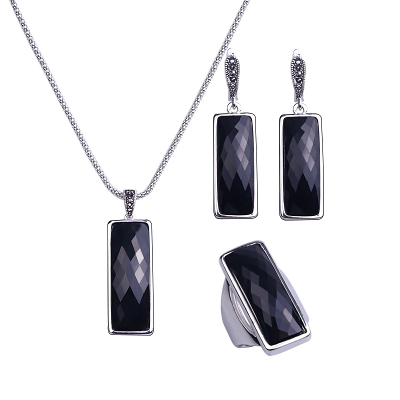 HENSEN Unique Silver Plated Jewellery Set Faceted Square Shape Black Resin Fashion Jewelry Sets Women Gift