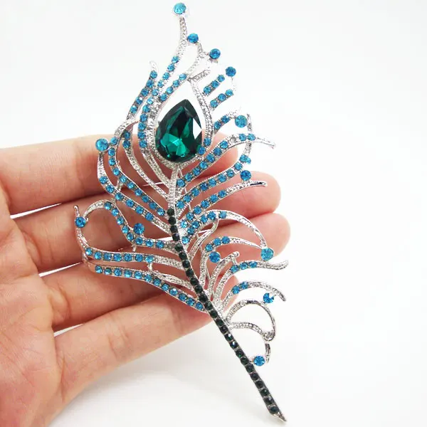 

Silver Tone Elegant Peacock Feather Blue Rhinestone Crystal Art Nouveau Brooch Pin