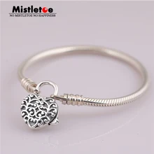 Mistletoe подлинный 925 пробы Серебряный гладкий серебряный браслет с замком, королевское сердце змеиная цепь Подходит для европейских ювелирных изделий