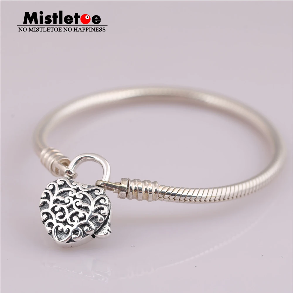

Mistletoe Authentic 925 Sterling Silver Smooth Silver Padlock Bracelet, Regal Heart Snake Chain Fit European Jewelry