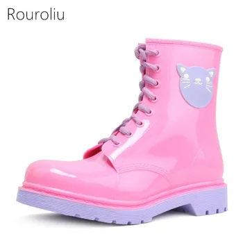

Rouroliu Women PVC Lace-up Ankle Rain Boots Candy Colors Cartoon Rainboots Waterproof Water Shoes Woman Wellies ZJ68