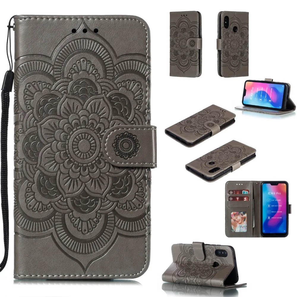 

Vintage Exotic Leather Case For Xiaomi Redmi 6 /6 Pro/ 6A / A2 Lite Wallet Cover Kickstand With Card Slot Pockets Floral Mandala