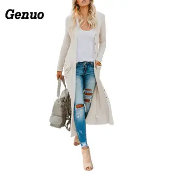 

Genuo V neck knitted long cardigan Casual autumn winter sweater women cardigan pockets long sweater cardigans coat
