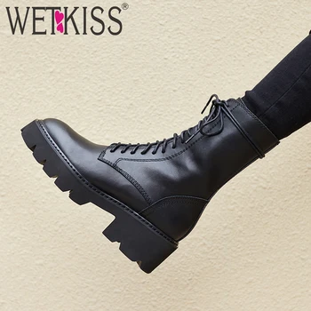 

WETKISS Thick High Heel Women Ankle Boots Round Toe Lace Up Footwear Leather Motorcycle Female Boot Platform Shoes Woman 2018