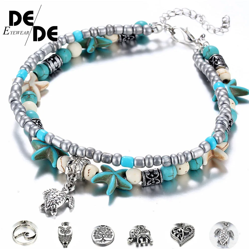 

Bohemian Crystal Stone Anklets Double Beach Foot Chain Conch Starfish Alloy Turtle Pendant Leg Bracelet Women Jewelry