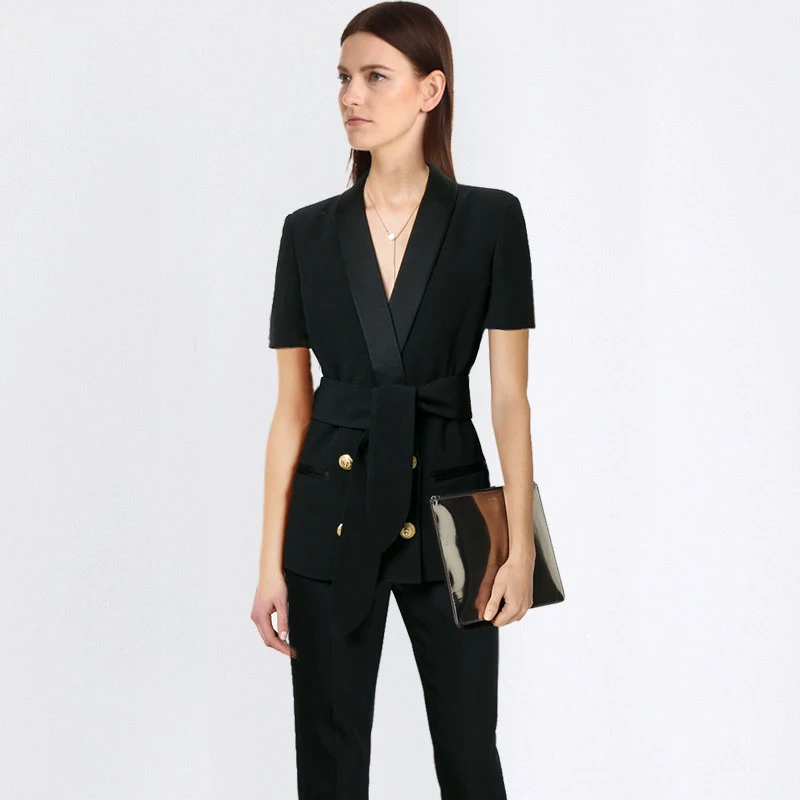 Business Women Pencil Pant Suits 2 Piece Sets Black Solid Blazer + Pencil Pant Office Lady Notched Jacket Female Outfits Business Women Pencil Pant Suits 2 Piece Sets Black Solid Blazer + Pencil Pant Office Lady Notched Jacket Female Outfits