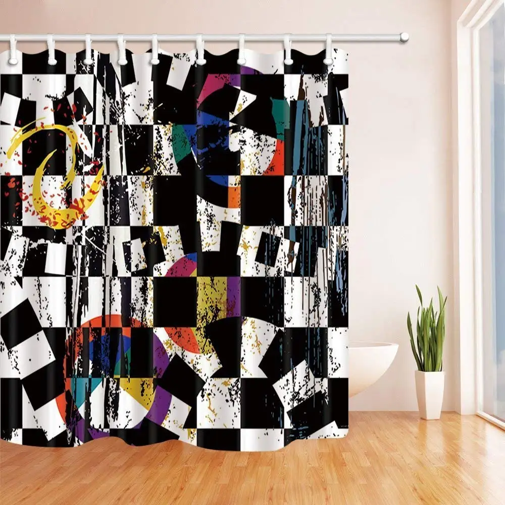 Abstract Shower Curtains Colorful Graffiti on Black and White Stereoscopic Graphics Polyester