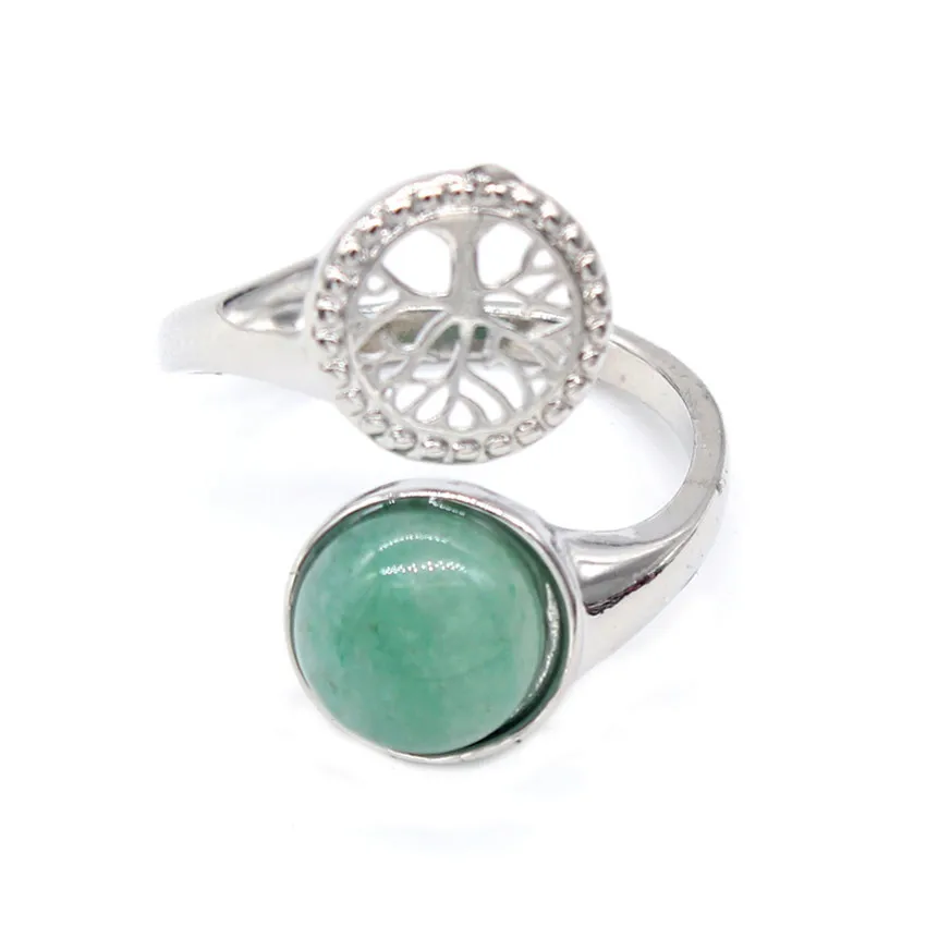 

Trendy-beads Silver Plated Tree of Life Resizable Round Cabochon Natural Green Aventurine Engagement Ring