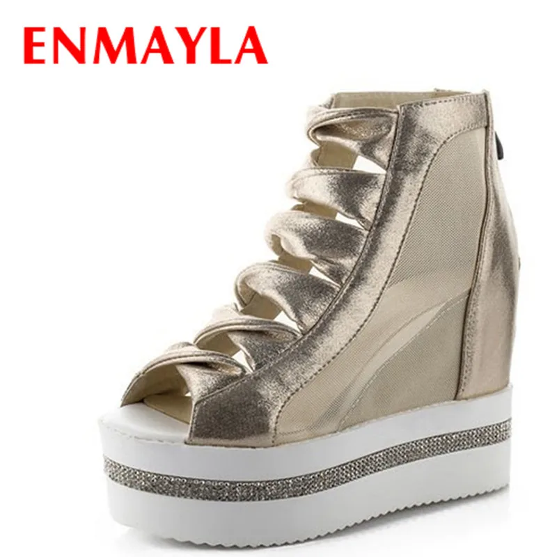 

ENMAYER Women Summer Boots Fashion Thick Platform Open Toe Summer Shoes Buckle Cutout Wedge Heels Ankle Boots sale