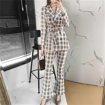 

Fashion plaid Pant Suits Female winter New High-end plus size Temperament Double-breastedsuit two-piece trousers girl clothes