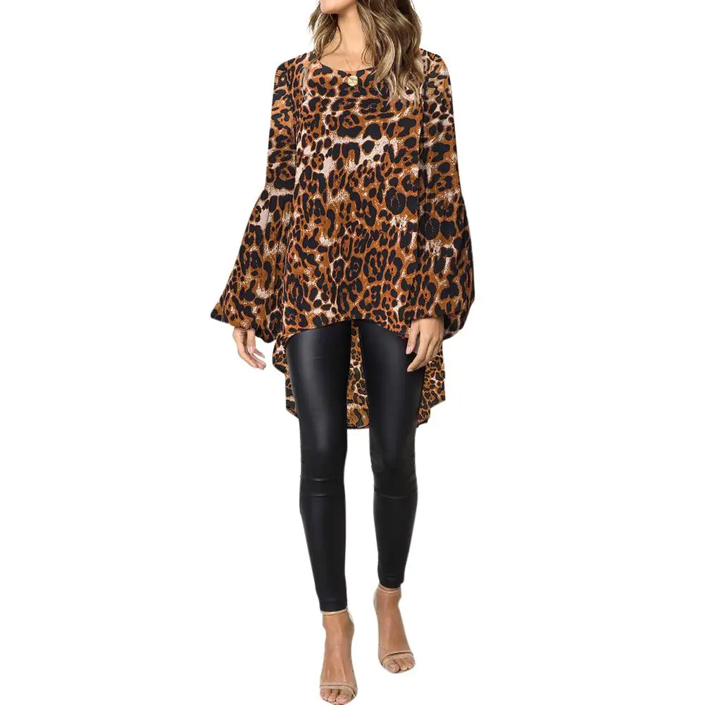 Yiwa Women Sexy Leopard Printing Long Bubble Sleeve Round Neck Irregular Casual Shirt Ladies Tops Plus Size |