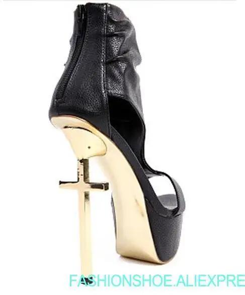 

punk style gold Cross heel high platform sandal real photo large size 43 nightclub cross high heel sandal T strap sandal