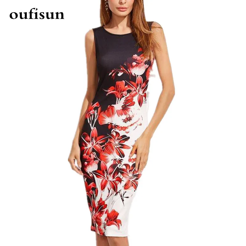 

Oufisun Casual Sleeveless Digital Print Women Dress O-Neck Knee Length Slim Dresses 2019 Summer Sexy Vintage Dress Plus Size 5XL