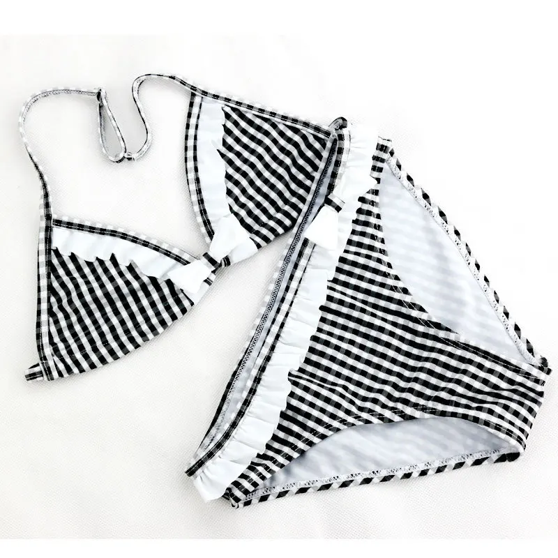 Summer Children's Two Pieces Swimsuit Girls Cute Swimwear Kids Infant Lovely Plaid Princess Bikini Suits For Big Girl 6-16Y