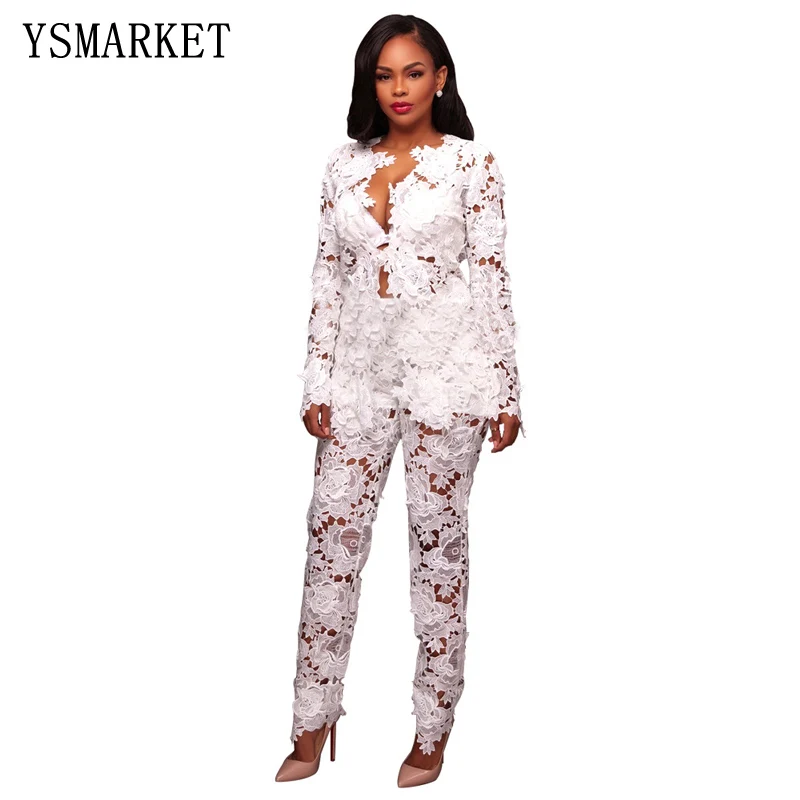 

Autumn Winter Sexy Women Two Piece Sets Women Hollow Out White Lace Floral Deep V Neck Long Sleeve Top and Long Pant Suits E8161