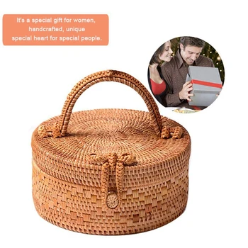 

AUAU-Rattan Bag For Women, Fashion Handmade Wicker Woven Purse Round Rattan Bag Bamboo Rattan Bag For Summer Beach Sea Vacatio