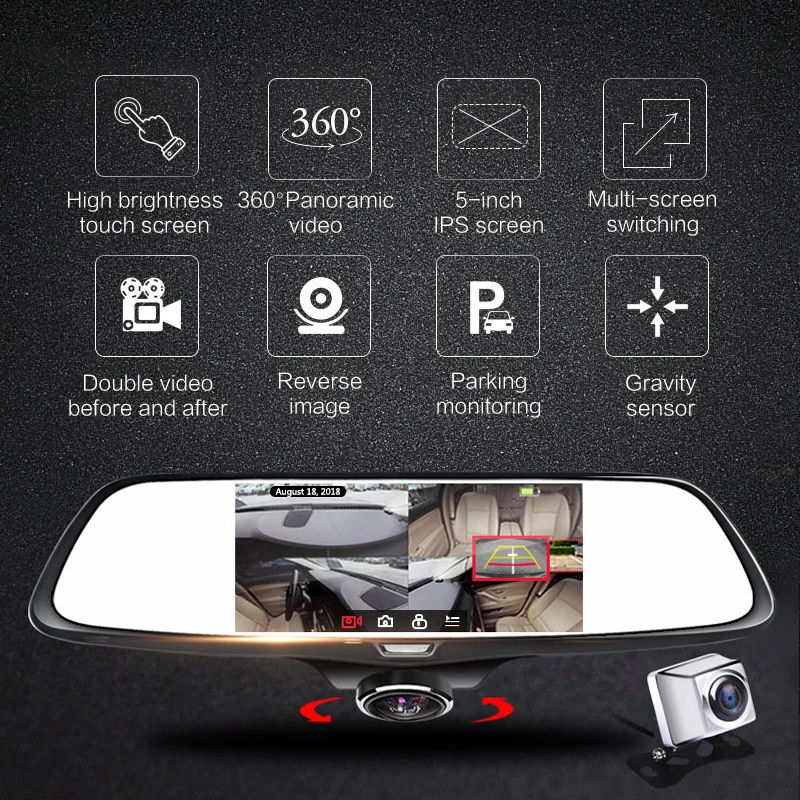 Сенсорный экран автомобиля Dvr с двойными линзами 5 дюймов HD 1440P Dash Камера ночной