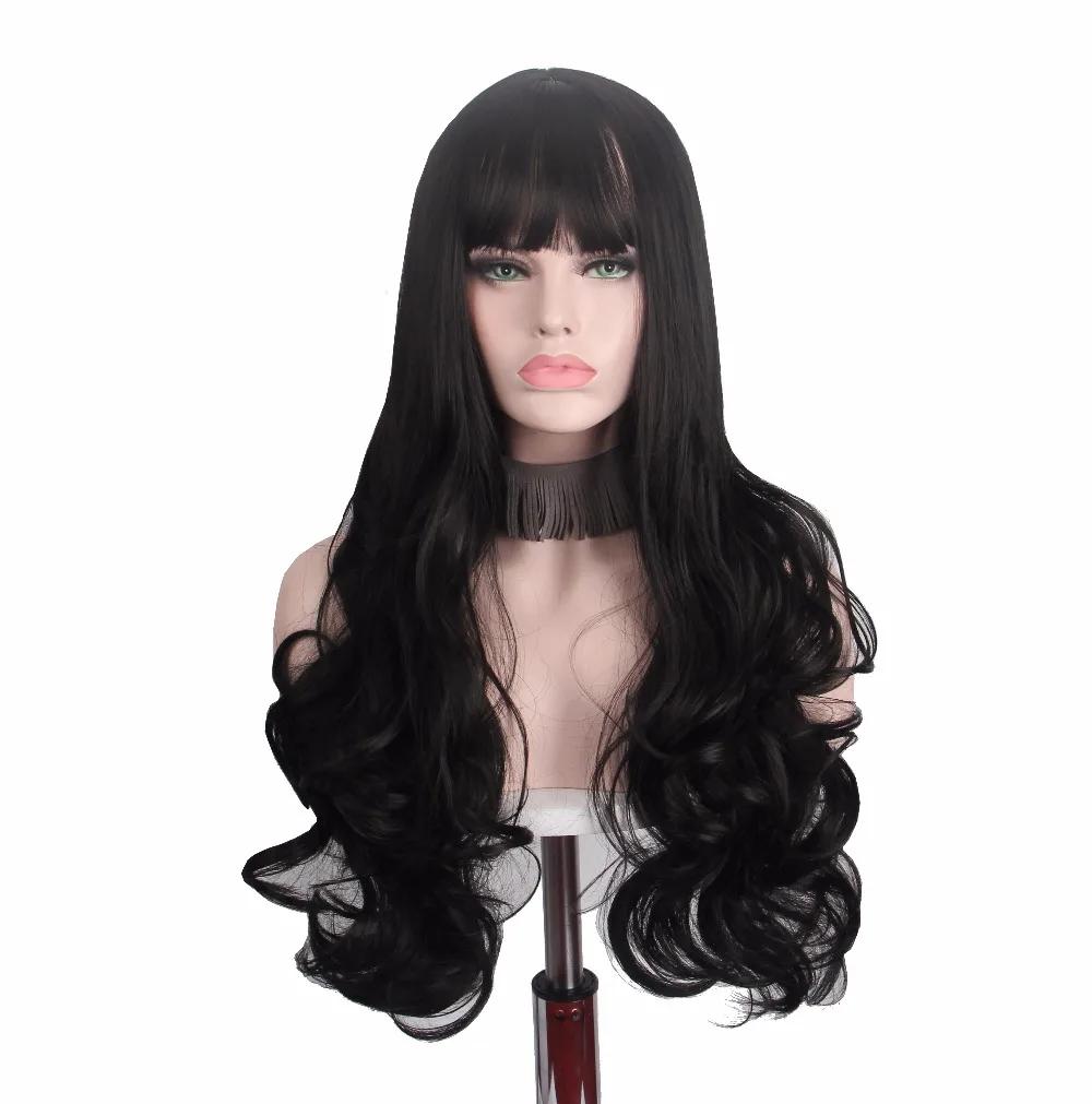 Длинные черные волосы парик для женщин Anxin Косплей кудрявые парики с челкой жаростойкий ни один парик фронта шнурка высокая температура аниме