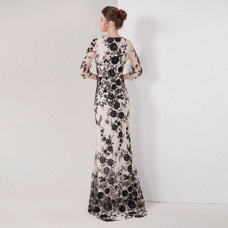 Nouveau Femmes Vintage Longue Mesh Qualité Haute Trois Trompette Printemps Manches Brodé D'été Quarts Et Noir sirène Robe Paillettes IrzgrEwxq