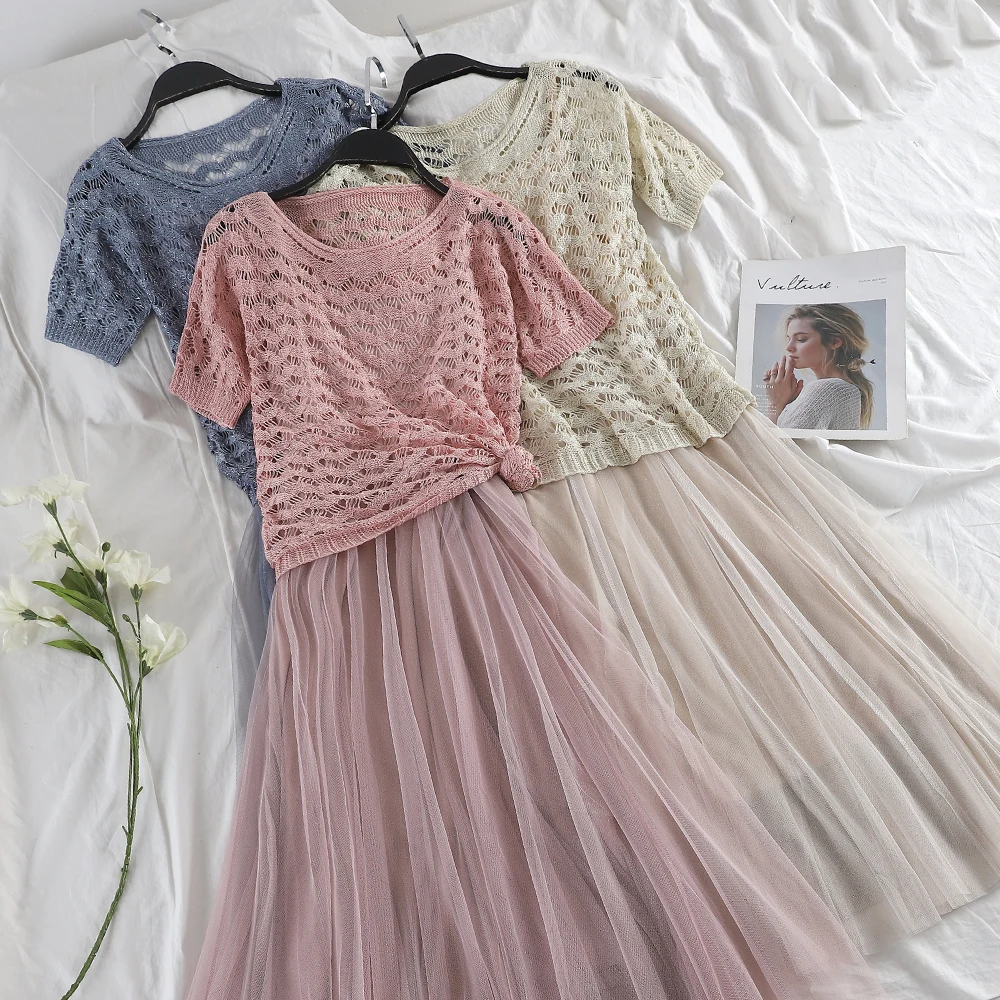 

2019 Women Summer O-neck Short Sleeve Pleated Ruffles Dress Casual Elastic Slim High Waist Mesh Gauze Voile Knitted Tulle Dress