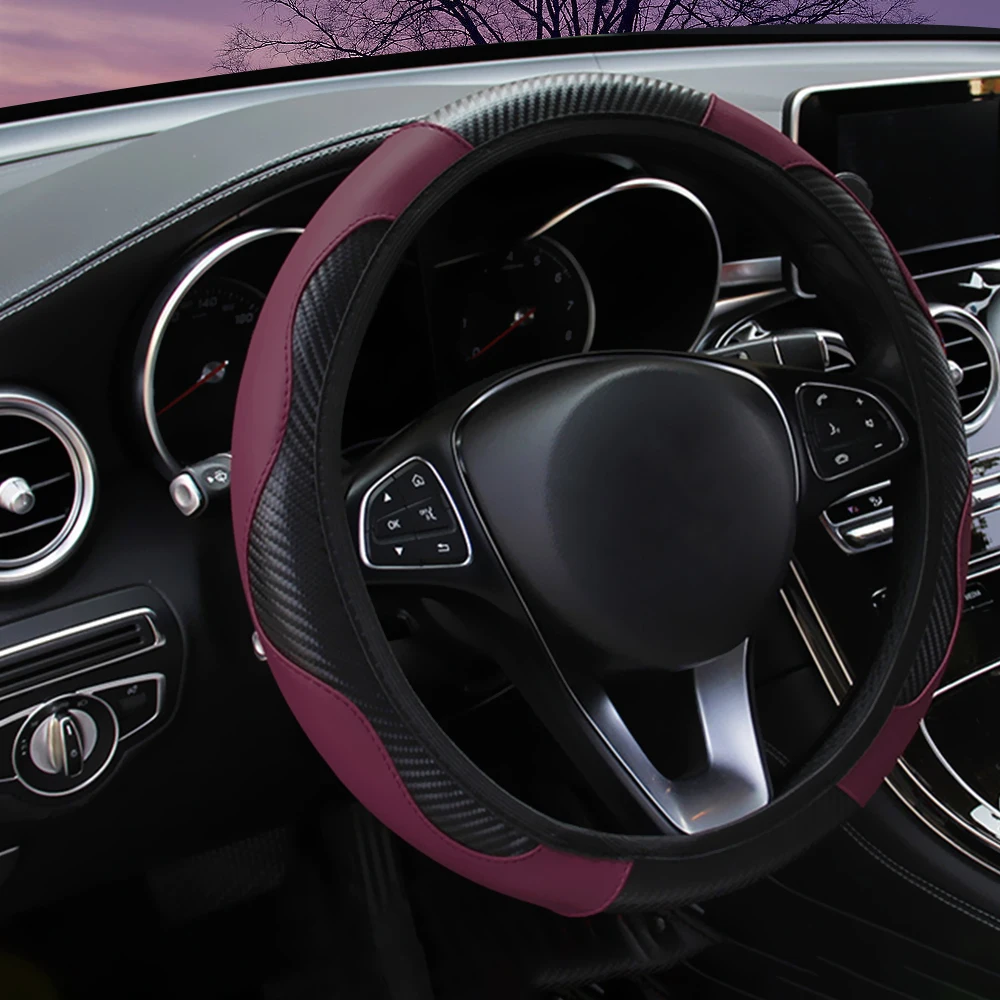 FORAUTO Car Steering Wheel Cover Breathable Anti Slip PU Leather Steering Covers Suitable 37-38cm Auto Decoration Carbon Fiber - Название цвета: Wine red