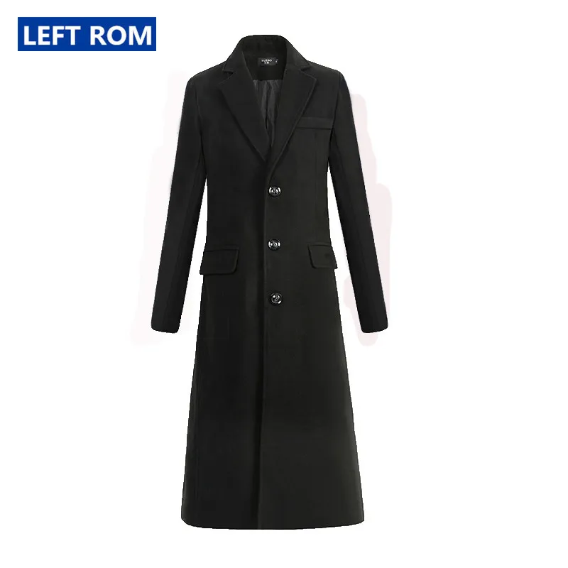 

2019 New Fine Wool Pure Color Social Business Mens Longer Trench Coat / Fine Woolen Cloth Wool & Blends Male Coat Jackets Black