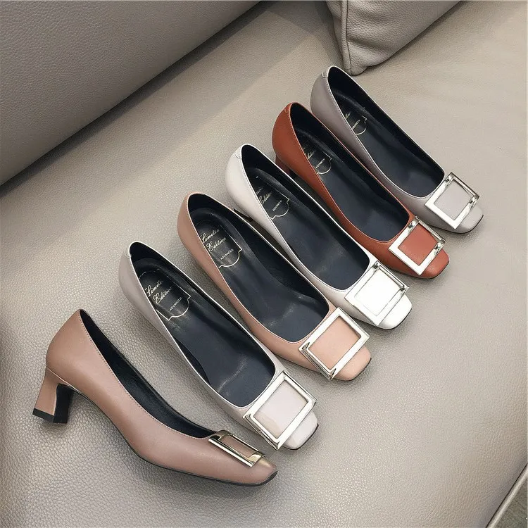 

women pumps geunine leather high heels newest summer women shoes comfortable shoes women wedding party shoes buckle decor