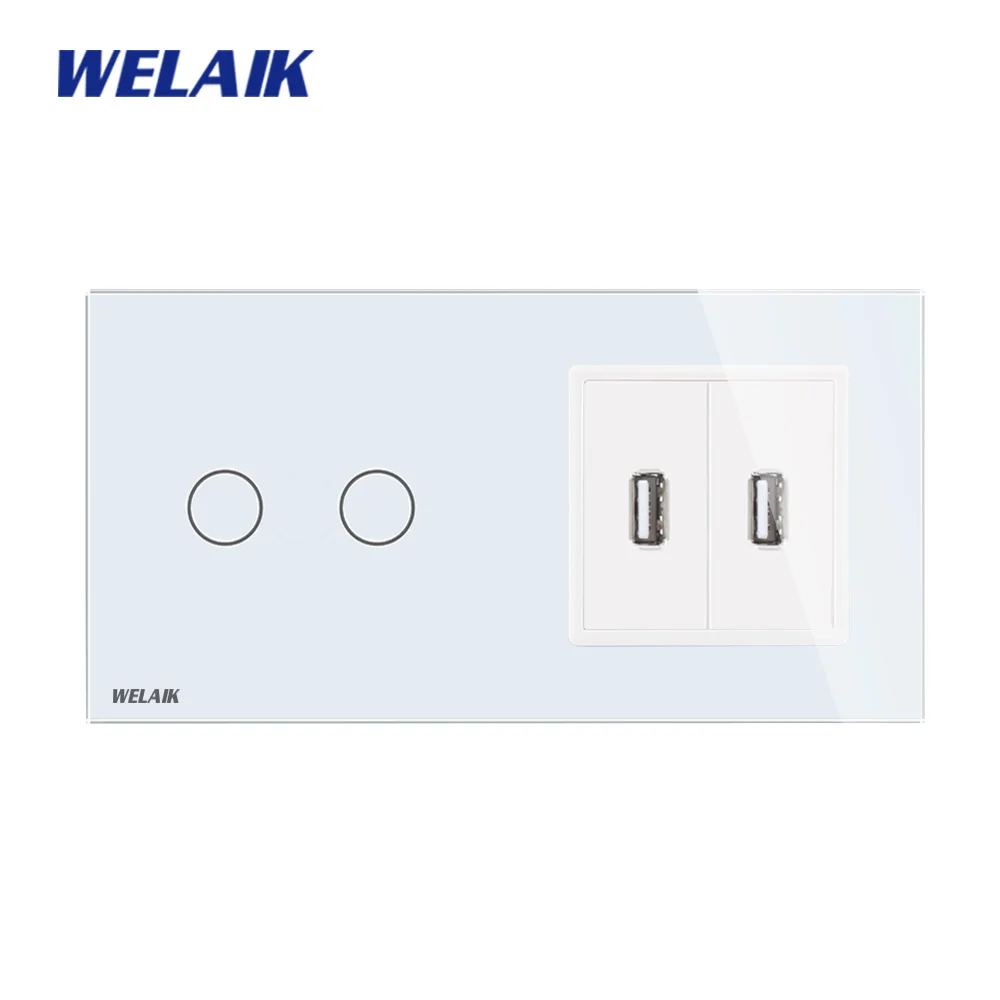 

WELAIK 2 frame 2Gang1Way USB socket Crystal Glass Panel Wall Switch EU Touch Switch Screen AC110~250V A292182USW/B
