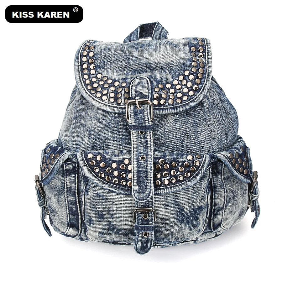 KISS KAREN Fashion Denim Backpack Vintage Studs Women Backpacks Jeans ...