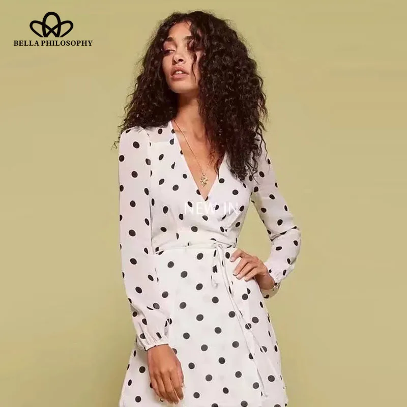

Bella Philosophy 2018 spring casual v neck dot sashes lace up a line dress high waist mini dress black white full sleeve dress