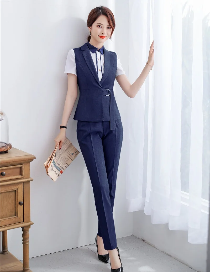 Formal Ladies Navy Blue Vest & Waistcoat Women Pant Suits Work Wear Sets Business Clothes Office