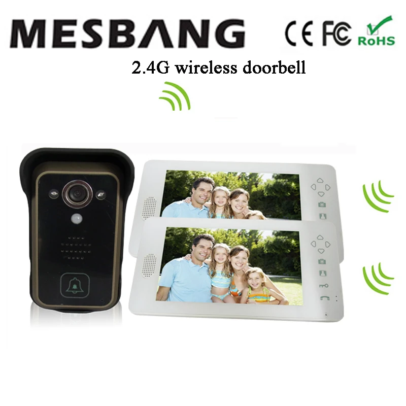 hot new white color 2.4G wireless video doorbell with camera door phone door bell intercom one camera two 7 inch monitor