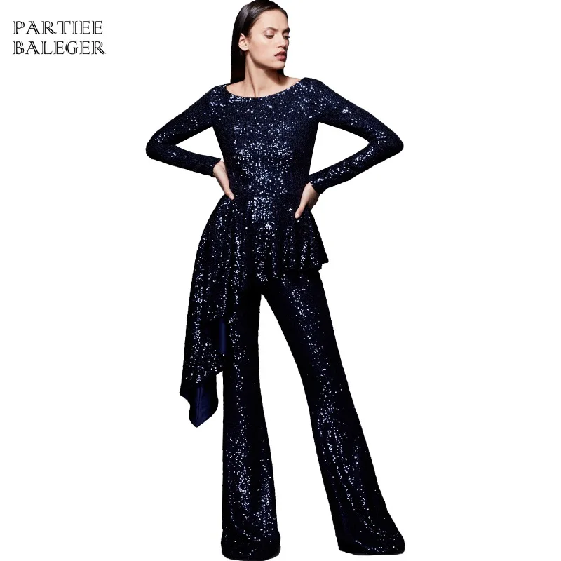 2019 Hot New Arrival Purple Jumpsuit Elegant Ruffles Design Sequins Embellished Long Sleeves O Neck Celebrity Party | Женская одежда