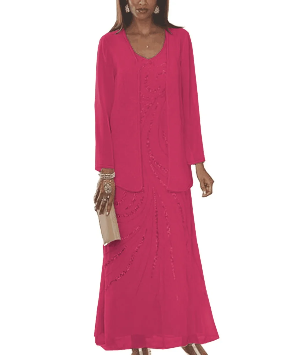 

women 2 pieces elegant sequins chiffon mother of the bride dress with jacket outfit long sleeves for wedding groom 2019