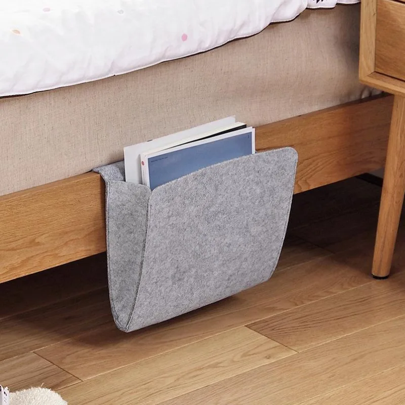 

New Year Gift Grey Bed Storage Pockets Felt Bedside Hanging Storage Organizer Holder with 2 Inner Pockets for Bed Table Sofa
