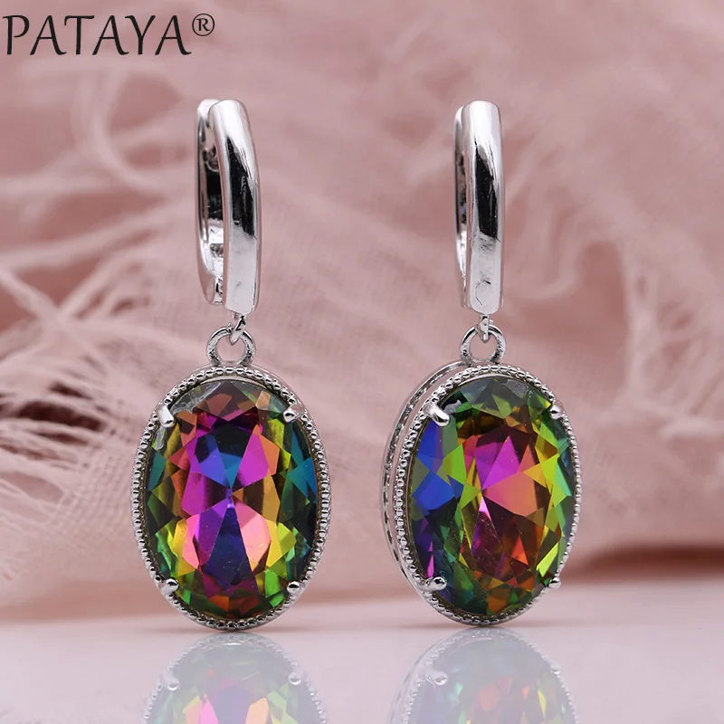 

PATAYA New White Gold Long Dangle Earrings Women Wedding Noble Fashion Jewelry Oval Multicolor Natural Zircon Hollow Earrings