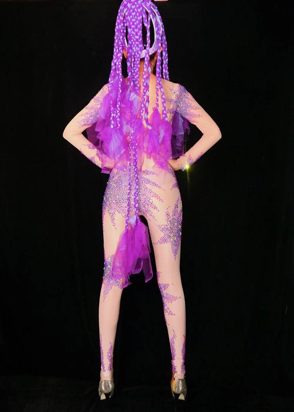 Для взрослых ночной клуб DJ для женщин костюм Фиолетовый Кристаллы сетки Комбинезон Вечерние Пром празднование сцены Zentai сексуальное боди