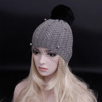 

New supermodel veil street snap net yarn knitted cap Autumn winter head wool knitted hat ladies personality Retro mesh hats