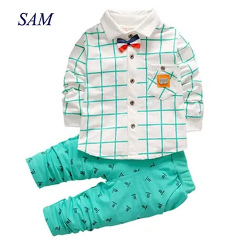 

Boys Clothing Sets 2019 Autumn Plaid Long Sleeve Shirt + Pants 2 Piece Suit Letter B gentleman bow Children's Clothes