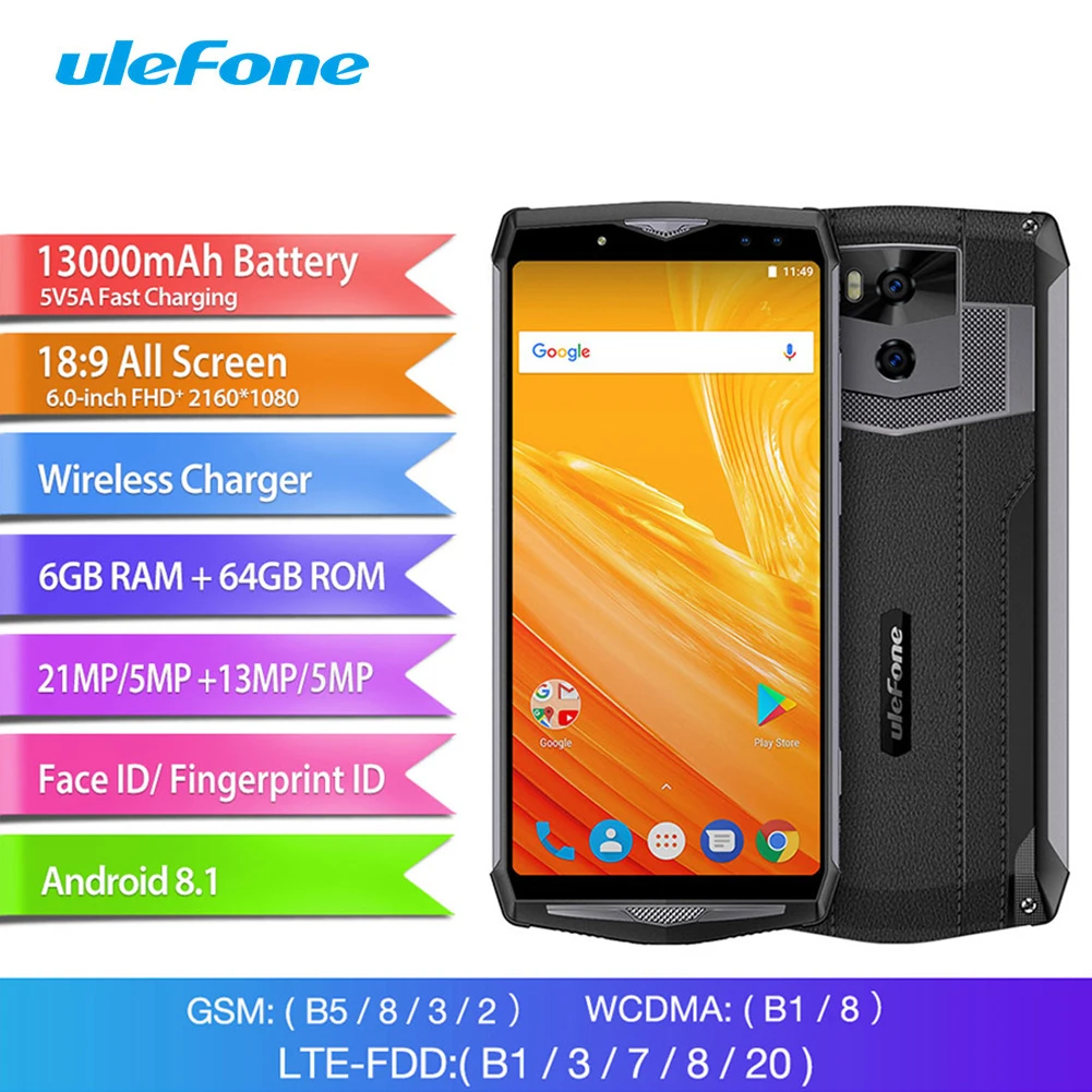 Ulefone power 5 Face ID Беспроводная зарядка Android 8,1 MTK6763 Восьмиядерный 18:9 6,0 ''FHD 6 ГБ ОЗУ 64 Гб ПЗУ 13000 мАч мобильный телефон