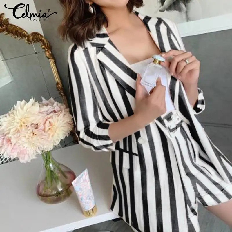 

Celmia Women Blazer 2019 Autumn Long Sleeve Office Ladies Suits Coat Jackets OL Casual Tops Buttons Striped Blazers Female S-5XL
