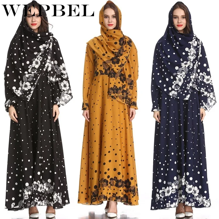 

WEPBEL Women Long Maxi Dress Slim Floral Flower Print Casual Boho Bohemian Muslim Abaya Summer Fashion Casual Dresses