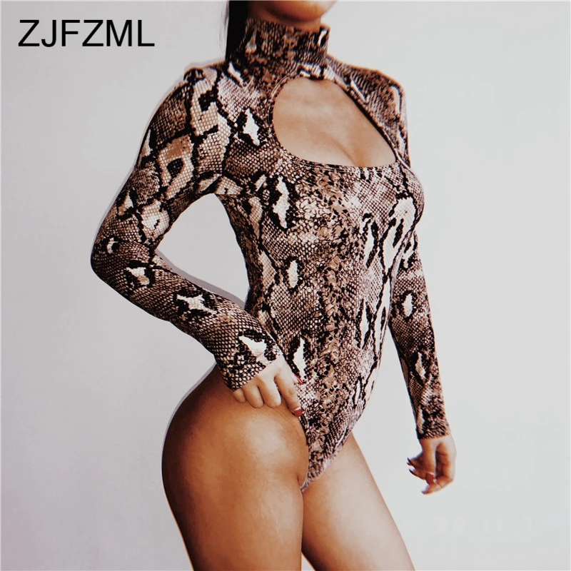 ZJFZML Turtleneck Long Sleeve Snake Skin Print Sexy Women Bodysuits Autumn Causal Skinny Romper Femme Club Hollow Out Overalls