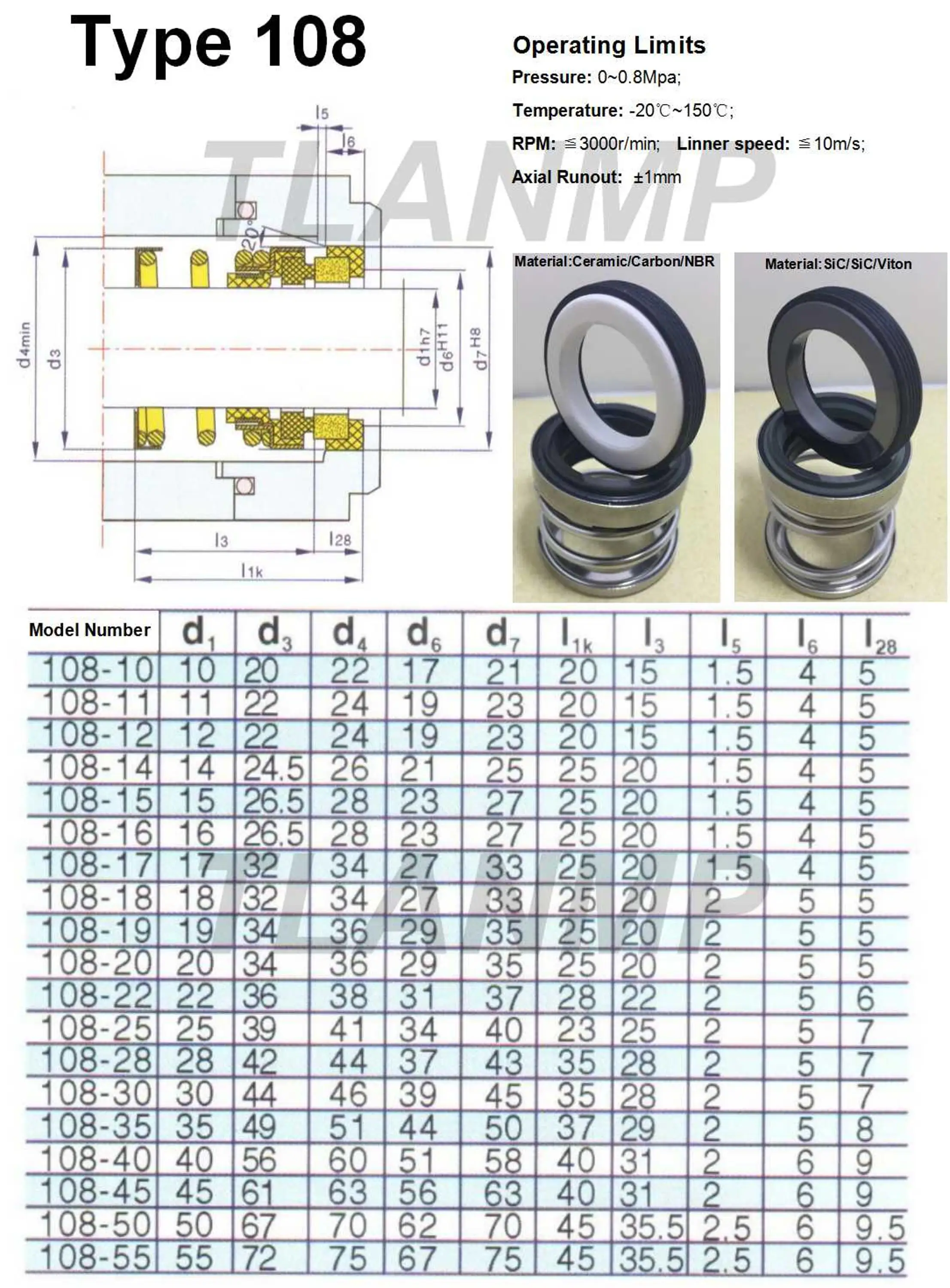108 Mechanical Seals TLANMP Brand TMP Seals