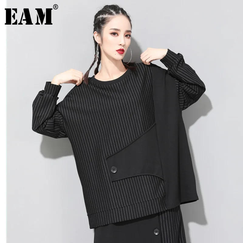

[EAM] 2019 New Autumn Winter Round Neck Long Sleeve Black Striped Split Joint Loose Big Size T-shirt Women Fashion Tide JR006