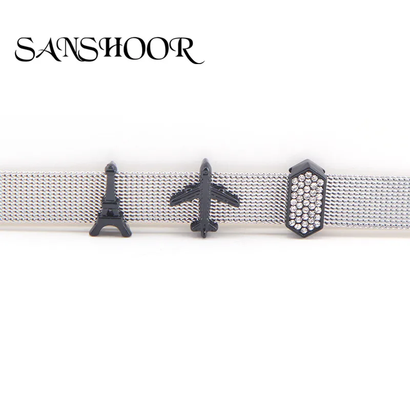 

SANSHOOR Black iron tower & airplane Slide Charms fit 10mm wide Stainless Steel Mesh Keeper Bracelets Accessories Making