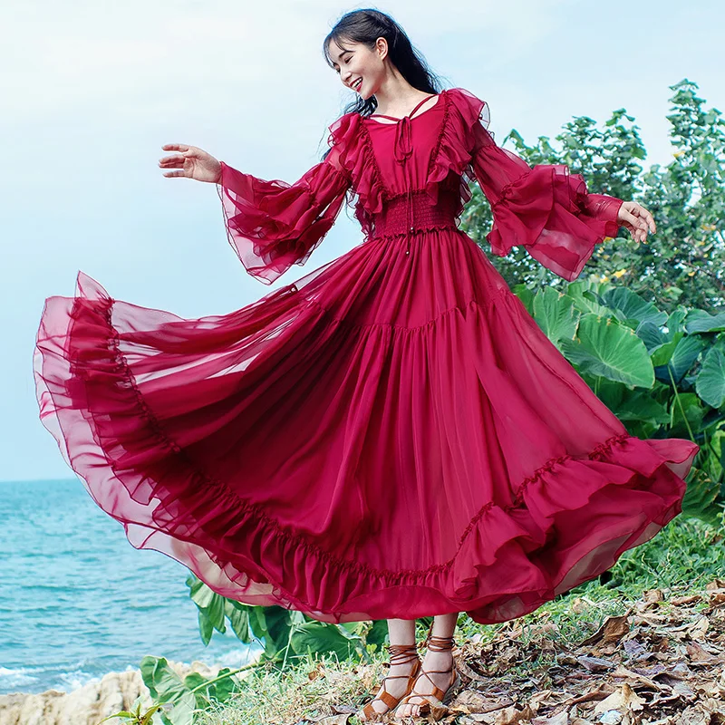 

Free Shiping Boshow 2019 New Fashion Women Long Maxi Flare Sleeve Dresses Spring Bohemian Chiffon S-L Ruffles Red Dresses
