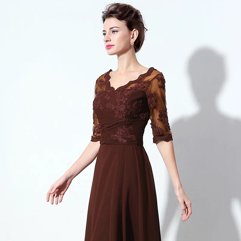 Элегантное, с рукавом до локтя, платья для матери невесты, а-силуэт, коричневый, v-образный вырез, бисероплетение, кружевные женские вечерние платья SD336 - Цвет: Коричневый