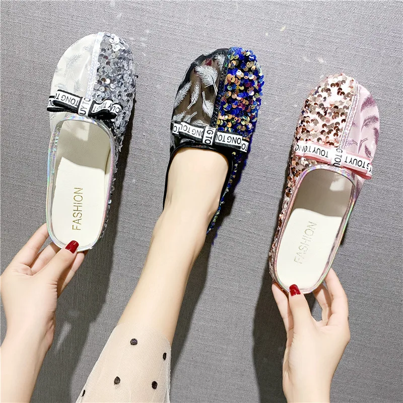 

2019 summer new women shoes pink mesh women slides slippers shoes summer sandals flat shoes ladies feather sequin slippers